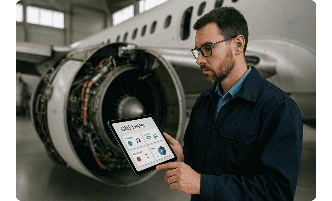 Aerospace engineer inspecting aircraft components using a digital QMS system