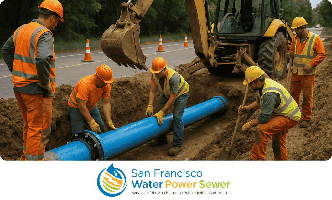 Utility workers installing underground infrastructure with heavy equipment; representing field service modernization and process collaboration at SFPUC.